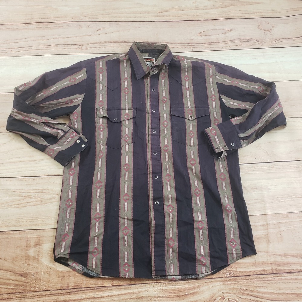 VINTAGE‎ Karman Shirt Mens Large Black Brown Pearl Snap Western Aztec Adult L